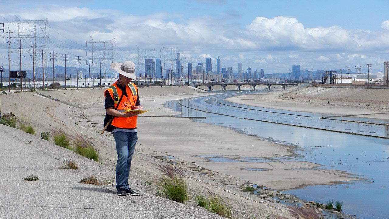 Inspecting an urban levee along the Los Angeles River