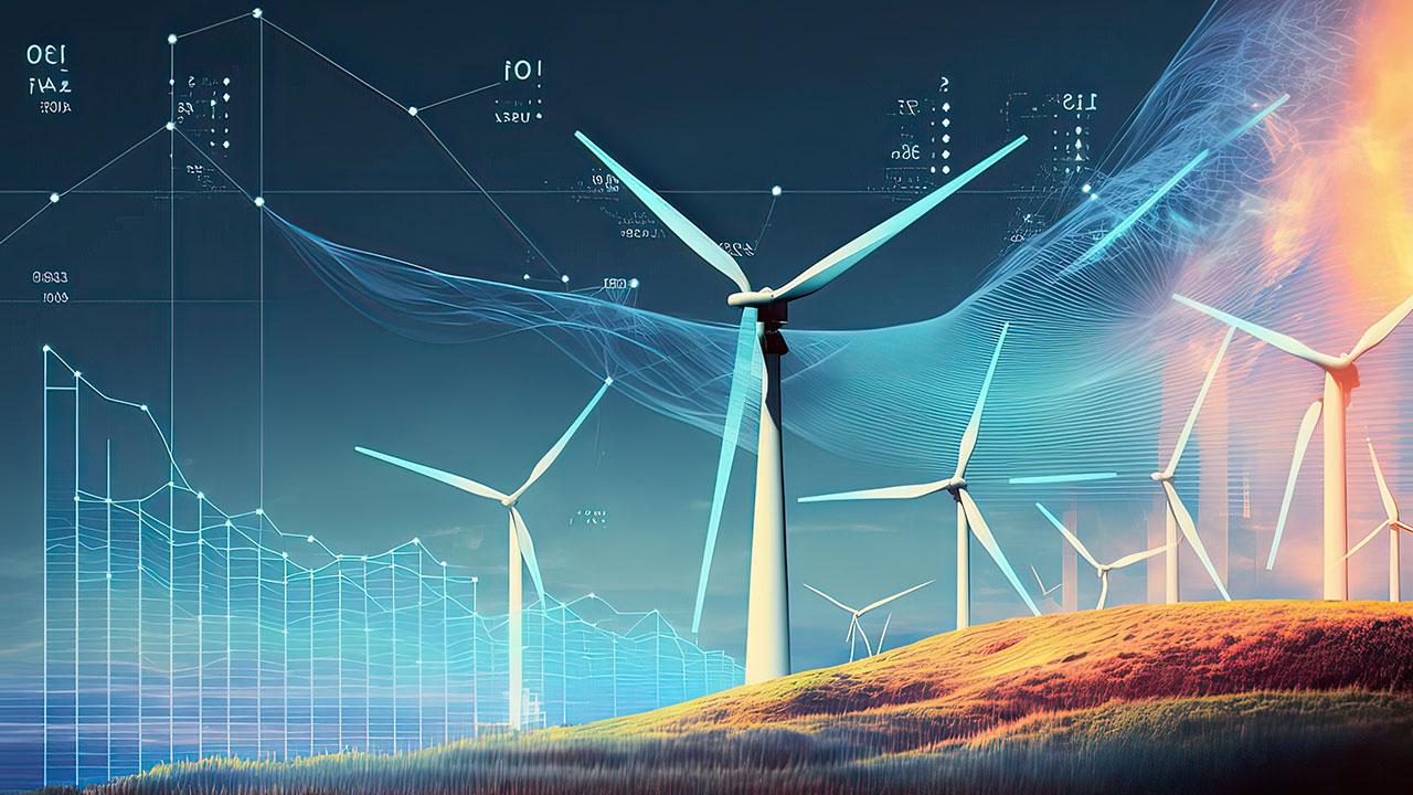 Landscape view of wind farm overlayed with graphs and technical symbols related to markets